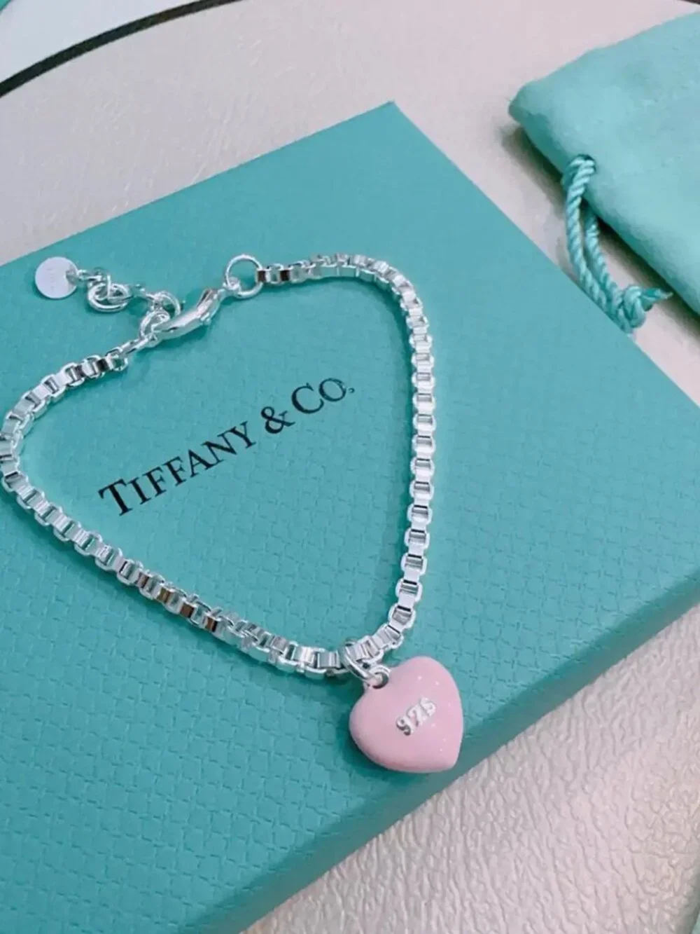 Tiffany & Co. Fine Pink Heart Silver Bracelet